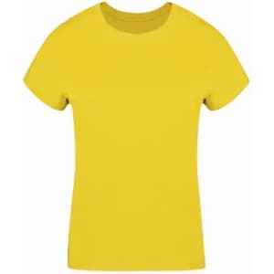 A yellow t-shirt with a classic crew neckline and short sleeves, featuring a blank design.