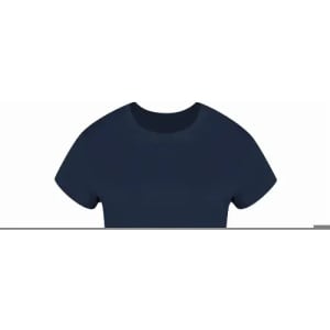 A navy blue T-shirt featuring short sleeves and a round neckline, displayed against a plain background.
