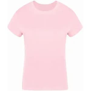 A pink T-shirt with a classic crew neckline and short sleeves. It features no visible designs or logos.
