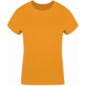 An orange t-shirt with a classic crew neck and short sleeves. It has a plain design and no visible logos.