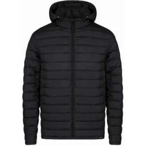 A black puffer jacket with a hood and a front zipper, featuring a quilted design.