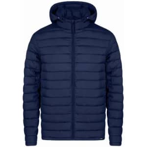 A puffer jacket in navy blue with a hood and zippered front. It features horizontal quilted sections.