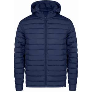 A navy blue puffer jacket with a hood and zip-up front, featuring a quilted design.