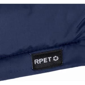 A navy blue fabric with a smooth texture, featuring a small black tag with the text "RPET."