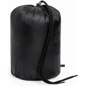 A black storage bag with a drawstring closure, featuring a tag on the side.