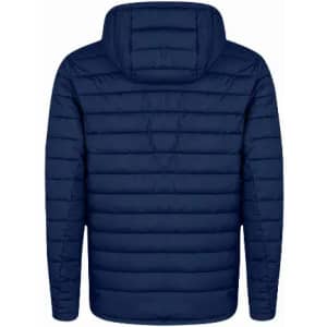 A navy blue puffer jacket with a hood, featuring a quilted design and long sleeves.