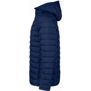 A puffer jacket in navy blue, featuring a hood and quilted design, viewed from the side.