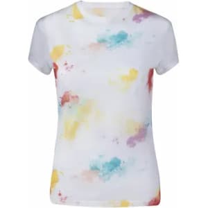 A short-sleeved women's t-shirt featuring a white base with a colourful abstract pattern in yellows, blues, and reds.