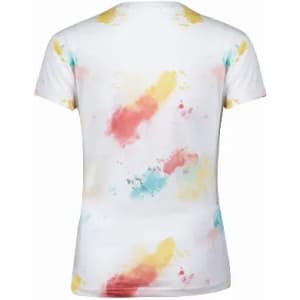 A t-shirt featuring a white base with a multicoloured splatter design in pink, yellow, and blue tones.