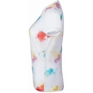 A T-shirt featuring a tie-dye pattern in colours like red, yellow, and blue on a white background.