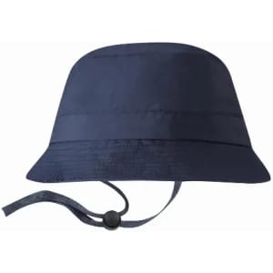 A navy bucket hat with a wide brim and adjustable chin strap. Features a smooth, water-resistant material.