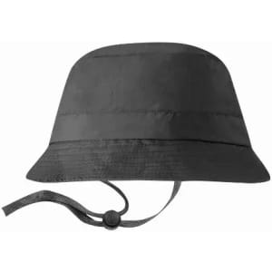 A black bucket hat with a wide brim and an adjustable chin strap. Features minimalistic design and lightweight fabric.
