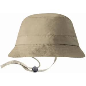 A bucket hat in a light khaki colour with a chin strap for secure fitting. Features a textured fabric design.
