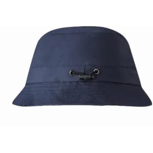 A bucket hat in navy blue, featuring a black adjustable toggle and a simple design.