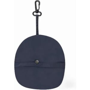 A drink bottle in a round navy blue carrying pouch with a hook for attachment. It features a snap-button closure.