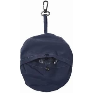 A navy blue compact bag with a hook, featuring a zippered compartment and button closure.