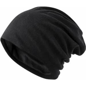 A beanie in black with a slouchy design, made from a soft, textured fabric. The item features a simple, unbranded look.