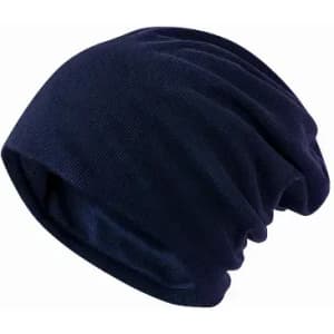 A dark navy beanie hat with a slouchy design, featuring a textured knit.
