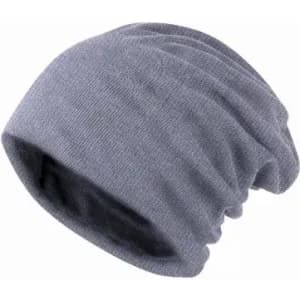 A grey beanie hat with a slouchy design, featuring a soft, textured fabric.
