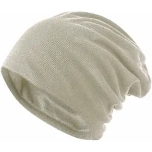 A slouchy beanie in a light beige colour, featuring a textured knit design. The product has a simple branding label.