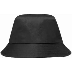 A black bucket hat with a wide brim and a smooth design, featuring a simple, unadorned look.