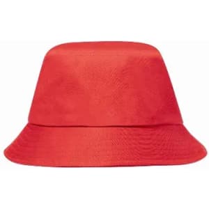 A red bucket hat with a wide brim and a textured finish. It features a simple design without embellishments.