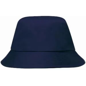 A bucket hat in navy blue with a wide brim and a rounded top, featuring a logo on the side.