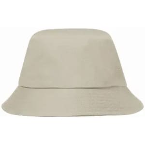 A bucket hat in a light beige colour featuring a simple, unadorned design.
