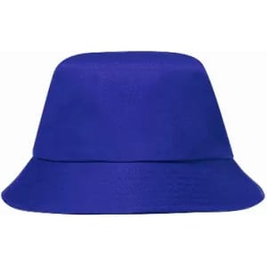 A blue bucket hat with a smooth texture and wide brim. It features a simple design without embellishments.