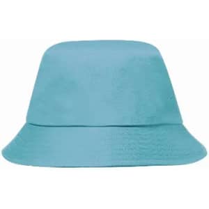 A bucket hat in a light blue colour with a simple design. It features a flat crown and a wide brim.