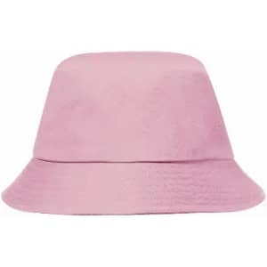 A bucket hat in a soft pink colour with a textured finish and a wide brim, featuring a logo.