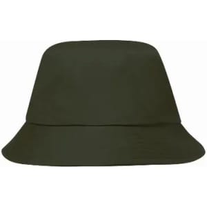A bucket hat in a dark olive green colour, featuring a simple design and a wide brim.