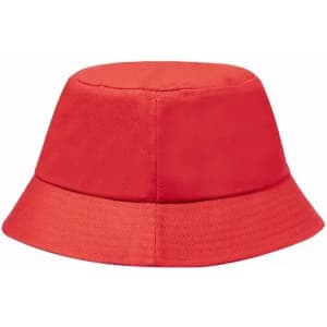 A red bucket hat with a wide brim and a soft, structured design. It features stitching around the base.