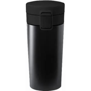 A drink bottle in sleek black with a lid and locking mechanism. Features branding on the side.