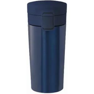 A drink bottle in a dark navy blue with a secure lid and a sleek design. It features a logo on the surface.