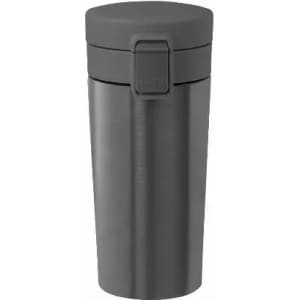 A drink bottle in grey with a secure flip-top lid and a sleek, cylindrical design. It features a logo.