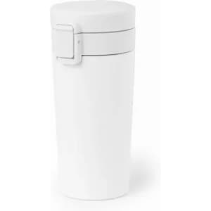 A drink bottle in white with a removable lid and a logo on the side.
