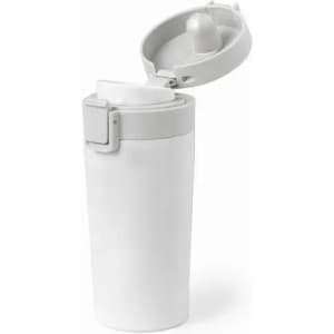 A drink bottle in white with a grey lid, featuring an opening mechanism and a logo.
