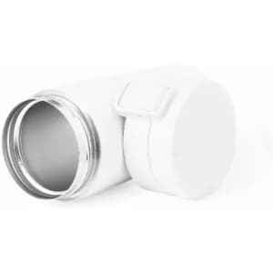 A white drink bottle with a silver metal opening and a secure lid. It features a simple, modern design.