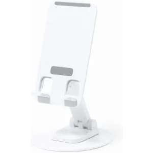A phone stand in white featuring a stable base and adjustable holder for various device sizes.