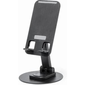 A phone stand with a carbon fibre texture in black, featuring an adjustable holder and a circular base.