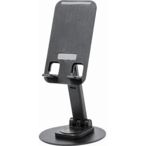 A phone holder with a carbon fibre texture in black, featuring an adjustable stand and a circular base.