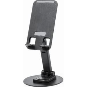 A phone stand featuring a carbon fibre texture, adjustable angle, and a sturdy round base in black.