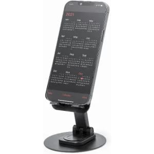 A smartphone displayed on a black stand, featuring a calendar for the year 2021.
