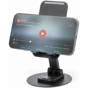 A phone holder featuring a sleek black design, securely supporting a smartphone in landscape orientation.