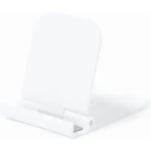 A white phone stand featuring a sleek, simple design with a folding base and adjustable viewing angles.