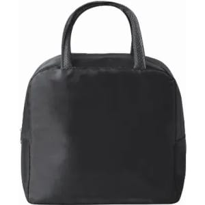 A black insulated bag with a structured shape and dual handles, featuring a zip opening and no visible branding.