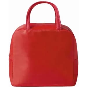 A red insulated bag with a sturdy handle, featuring a simple design and a zippered closure.