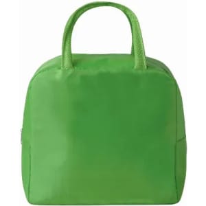 A green insulated lunch bag with two handles and a zippered compartment. The bag is square-shaped and smooth.