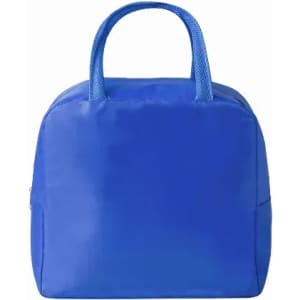 A blue lunch bag with two handles and a zipper closure, featuring a simple design and no visible logos.